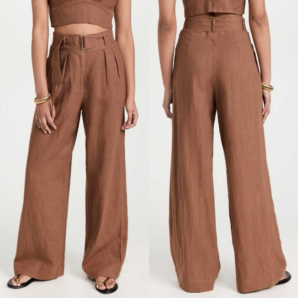 HEVRON Alina Wide Leg Linen Pants In Chocolate 0.